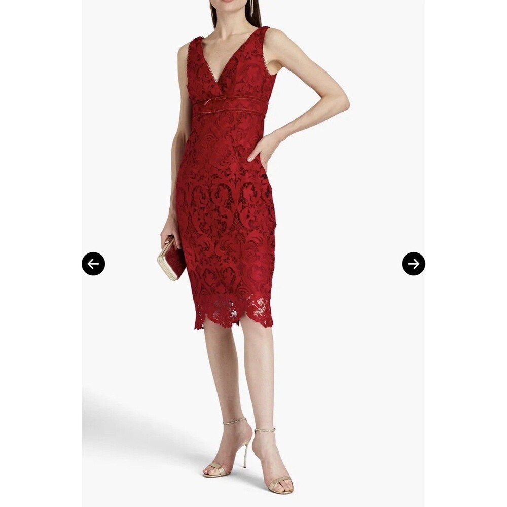 Monique Lhullier Red Sz 6 Lace Midi Sleeveless Dress Lace Bows $495 EUC